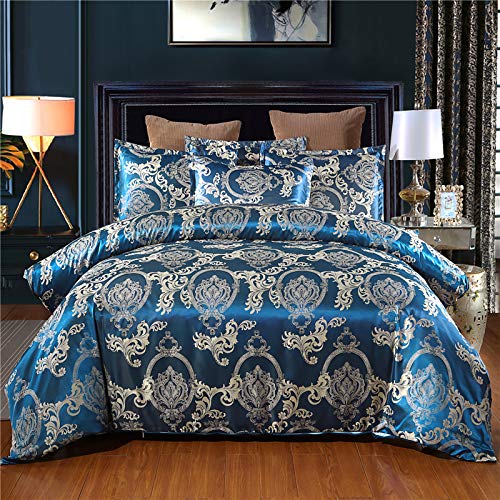 Dencalleus Jacquard Bettwäsche Set Jacquard Satin Seide 2teilig 1 x Bettbezug 140x200cm mit 1 x Kissenbezug 50x70cm Mikrofaser Bettwäsche-Sets mit Reißverschluss - Blau von Dencalleus