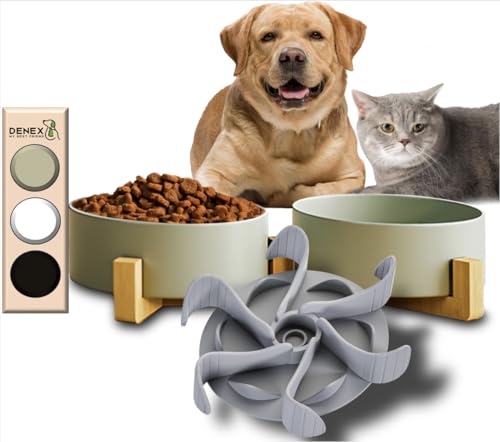 Denex Keramik Doppel Hundenapf & Katzen Futternapf mit Bambusständer - Moderner & Stilvoller Napf mit Anpassbaren Silikon Antischlingnapf Einsatz - leicht, tragbar & rutschfest - Beige, 20x17,8 cm von Denex