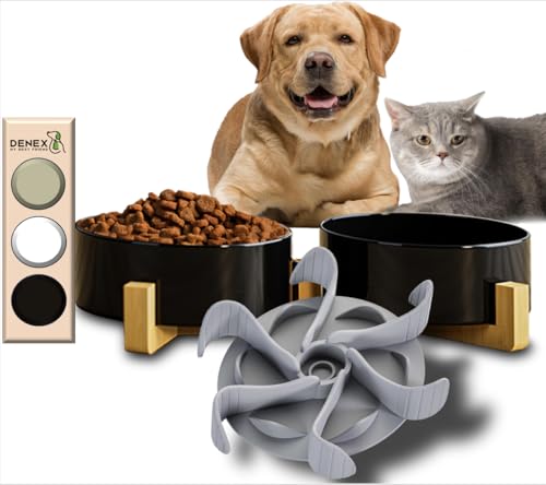 Denex Keramik Doppel Hundenapf & Katzen Futternapf mit Bambusständer - Moderner & Stilvoller Napf mit Anpassbaren Silikon Antischlingnapf Einsatz - leicht, tragbar & rutschfest - Schwarz, 20x17,8 cm von Denex