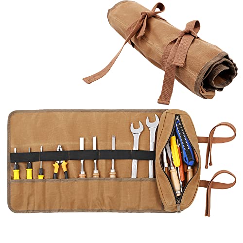 10 Taschen Werkzeug Rolltasche, Robust 16oz gewachstes Baumwoll-Segeltuch Werkzeugtasche mit 2 Wrap Straps, Mehrzweck-Werkzeugtasche für Metric,SAE (Khaki) von Denifiter