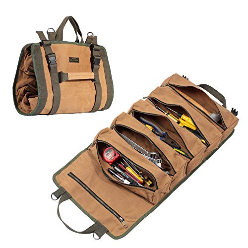 Werkzeug-Rolltasche, Werkzeugrolle für Schraubenschlüssel, aus strapazierfähigem gewachstem Segeltuch, Mehrzweck, Werkzeug-Organizer mit 6 Taschen(Khaki) von Denifiter