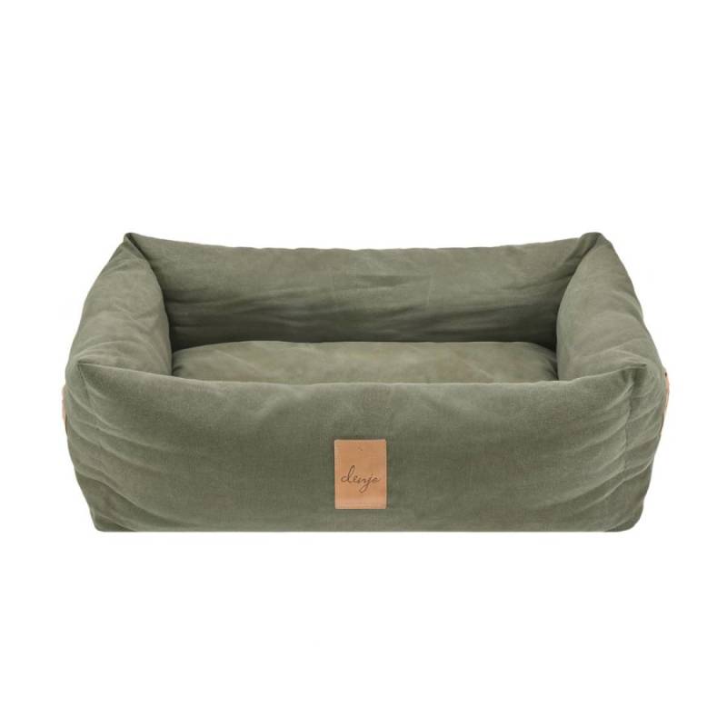 Denjo Dogs Hundebett Vintage Canvas mit Lederdetails im Landhausstil, Bezug waschbar, erhöhter Rand (L) 85x70cm "Classic Nest" desert green von Denjo Dogs