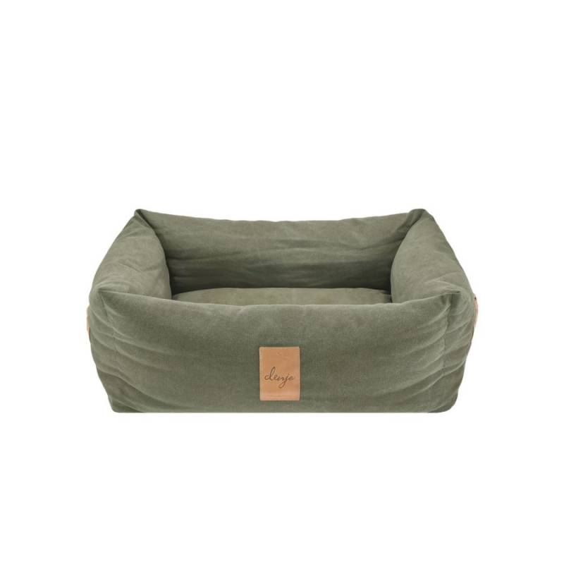 Denjo Dogs Hundebett Vintage Canvas mit Lederdetails im Landhausstil, Bezug waschbar, erhöhter Rand "Classic Nest" desert green von Denjo Dogs