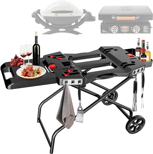 Denmay Tragbarer Grillwagen mit Rad für Weber Q1200, Q1000, Q2200, Q2000 Serie, für Blackstone 43CM 56CM Tischgrillplatten, Faltbarer Grillwagen, Grillständer für draußen von Denmay