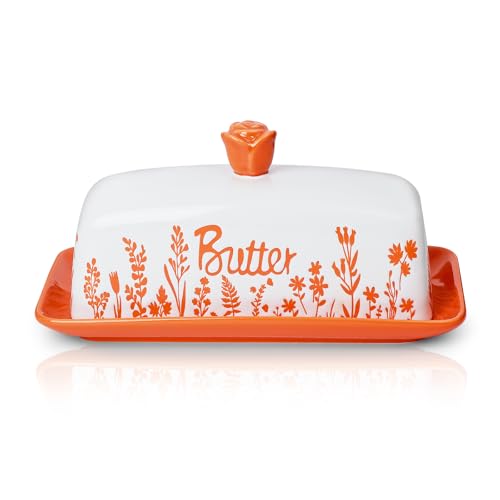 Denovin Butterdose aus Keramik mit Deckel, französischer Butterhalter mit Knopfgriff für Arbeitsplatte, elegantes Blumendesign, Porzellan-Butterbehälter für Ost-Westküste, Butterstab (Orange) von Denovin