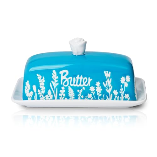 Denovin Butterdose aus Keramik mit Deckel, französischer Butterhalter mit Knopfgriff für Arbeitsplatte, elegantes Blumendesign, Porzellan-Butterbehälter für Ost-Westküste, Butterstab (blau) von Denovin