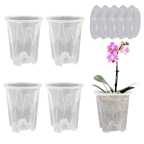 5 Stück Transparente Orchideentöpfe mit Drainageloch Orchidee Pflanztöpfe mit Untersetzer Kunststoff Orchideentopf Geschlitzter Blumentopf Übertopf Kindergartentöpfe für Orchideen-Umtopf-Set (14cm) von Denxahao