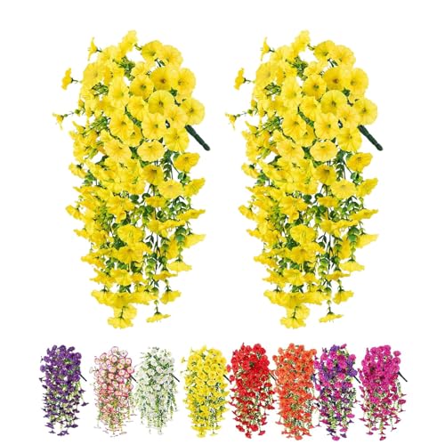 Denxahao 2 Stück Künstliche Blumen Hängend Kunstblumen Kunstpflanzen Imitationsblumen Kunstblumen Geeignet für Zuhause, Hochzeiten, Außenbereich, Hofdekoration und Wandanhänger (Gelb) von Denxahao