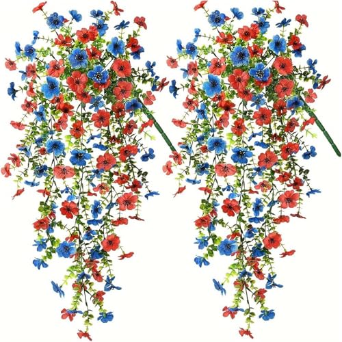 Denxahao 2 Stück Künstliche Blumen Hängend Kunstblumen Kunstpflanzen Imitationsblumen Kunstblumen Geeignet für Zuhause, Hochzeiten, Außenbereich, Hofdekoration und Wandanhänger (Z-Rot Blau) von Denxahao