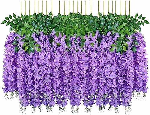 Denxahao Kunstblumen künstliche Glyzinien Blumen, Girlande Pflanze gefälschte hängende Blumen Rebe Künstliche Wisteria Girlande für Hochzeit, Geländer, Zuhause, Büro, Party, 110CM (12PCS/Violett) von Denxahao