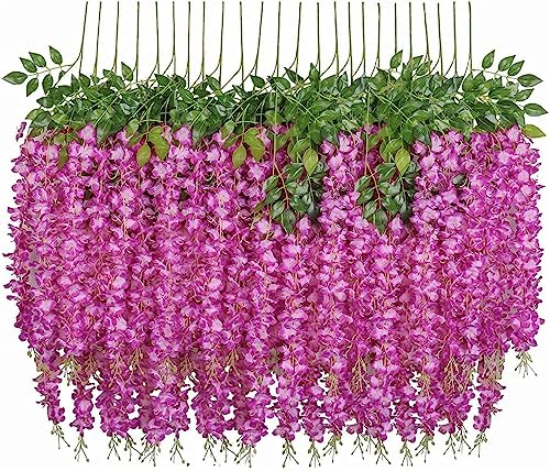 Denxahao Kunstblumen künstliche Glyzinien Blumen, Girlande Pflanze gefälschte hängende Blumen Rebe Künstliche Wisteria Girlande für Hochzeit, Geländer, Zuhause, Büro, Party, 110CM (12PCS/Fuchsia) von Denxahao