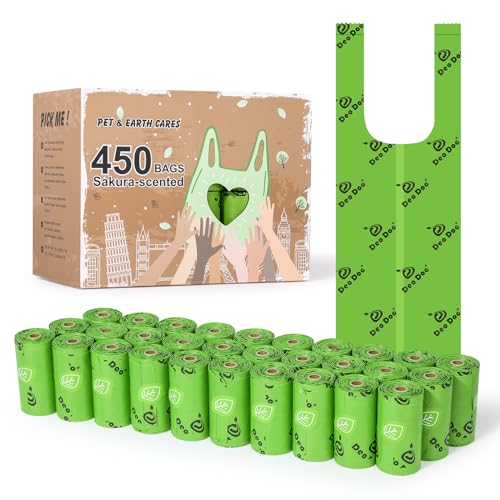 Hundekotbeutel Biologisch Abbaubar mit Henkel Kotbeutel für Hunde mit Duft 450 Stück 30 Rollen Aus Recycelten Materialien Hergestellt 50% Speisestärke Auslaufsicher von Deo Doo