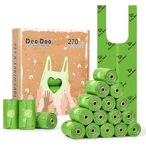 Hundekotbeutel Biologisch Abbaubar mit Henkel Kotbeutel für Hunde mit Duft 270 Stück 18 Rollen Aus Recycelten Materialien Hergestellt 50% Speisestärke Auslaufsicher von Deo Doo