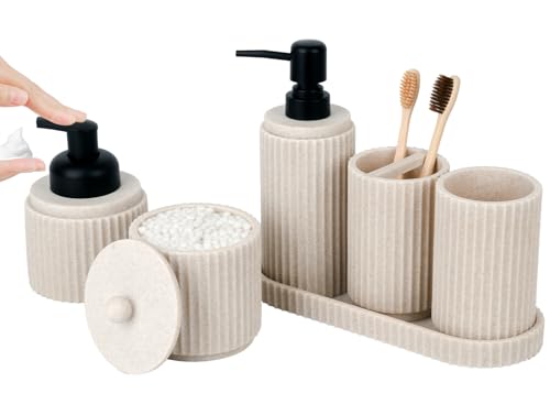 Beigefarbenes Badezimmer-Zubehör-Set – 6-teilig: Zahnbürstenhalter, Lotion- und Schaumseifenspender, Qtip-Halter, Schminktablett, Badezimmerbecher – Arbeitsplatten-Organizer von Deobath