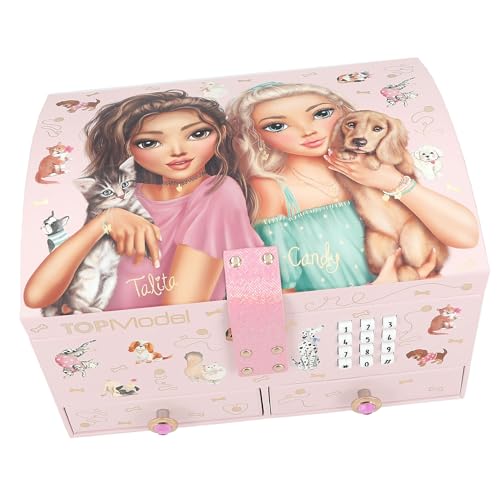 Depesche 13140 TOPModel - Großes Schmuckkästchen in Rosa, mit Model Motiv und Tieren, Schmuckbox mit Code, Sound und Spiegel, Mehrfarbig von Depesche