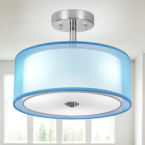 Depuley 3 Lichter Semi Flush Mount LED Deckenleuchte, moderne 13" blau Deckenlampe mit doppeltem Stoffschirm Lampenschirm, nahe an der Decke Lampen für Küche Schlafzimmer Flur Esszimmer von Depuley
