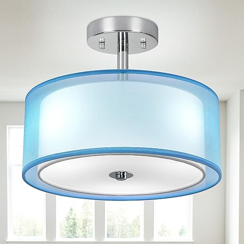 Depuley LED Deckenleuchte Modern, 13" Blau Deckenlampe Rund mit Zwei Schichten Stoffschirm mit 3 E27 Basis für Wohnzimmer Küche Schlafzimmer Flur Esszimmer von Depuley