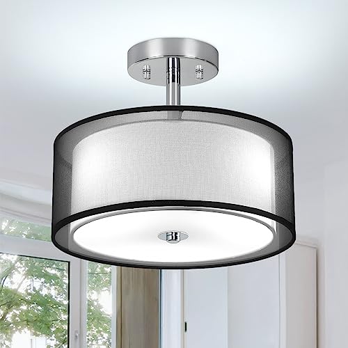 Depuley 3 Lichter Semi Flush Mount LED Deckenleuchte, moderne 13" schwarze Deckenlampe mit doppeltem Stoffschirm Lampenschirm, nahe an der Decke Lampen für Küche Schlafzimmer Flur Esszimmer von Depuley