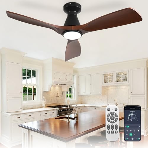 Depuley 42-Zoll-Deckenventilatoren mit Licht: Walnuss 3 Flügel Flush Mount Low Deckenventilator für Schlafzimmer - Dimmbarer Innenventilator mit APP-Fernbedienung Ultraleiser DC-Motor Zeitschaltuhr von Depuley