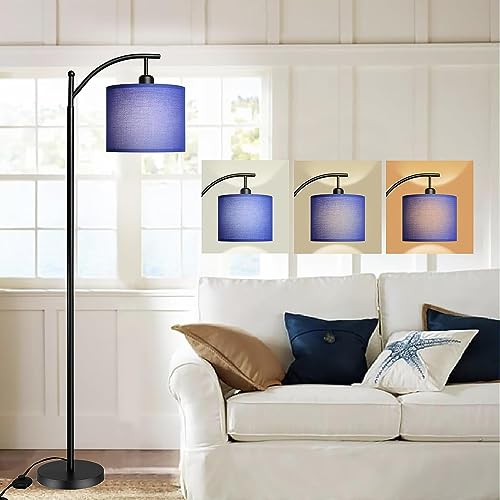 Depuley Arc Stehlampe mit 3 Farbtemperaturen, moderne Stehleuchte für Wohnzimmer, Leselampen für Schlafzimmer, 8W LED Birne, Schwarz mit blauem Schirm von Depuley