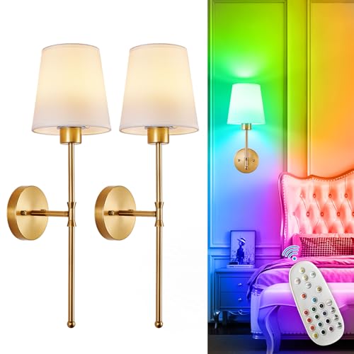 Depuley Batteriebetriebene 5w innen Wandleuchte: 2er-Set kabellose led Wandleuchten mit Fernbedienung für Schlafzimmer - Wiederaufladbare Gold wandlampe in 15 Farben für Wohnzimmer Flur von Depuley