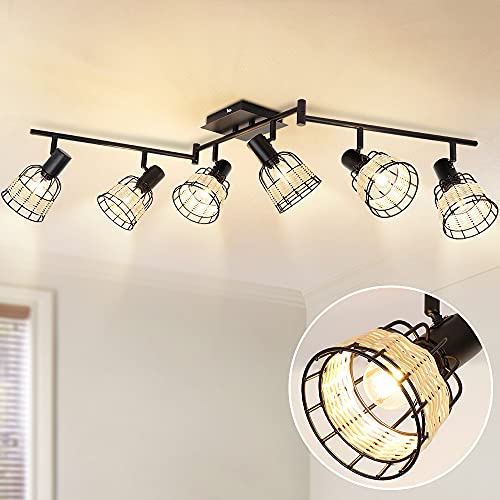 Depuley Deckenstrahler 6 Flammig Schwarz, Rattan Deckenleuchte Schwenkbar E14, Deckenlampe Strahler Vintage mit Gewebtem Lampenschirm, Natüre Deckenspot für Wohnzimmer Schalfzimmer Küche von Depuley