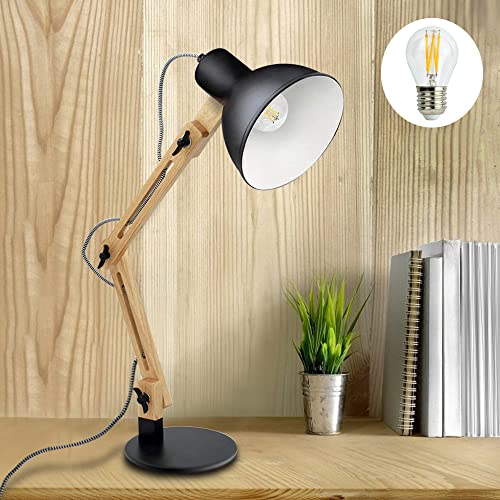 Depuley E27 Tischlampe mit Holzarm Verstellbare Schreibtischlampe mit Druckschalter Klassische Leselampe, Schwarze Nachttischlampe für Büro, Schlafzimmer, Wohnzimmer, Kinderzimmer… von Depuley