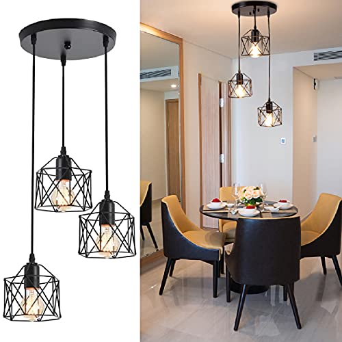 Depuley Hängelampe Vintage 3 Flammige LED, Retro Pendelleuchte mit E27 Fassung Schwarz, Hängeleuchte Industrial Design, Verstellbare Pendellampe für Esszimmer, Schlafzimmer, Glühbirne nicht enthalten von Depuley