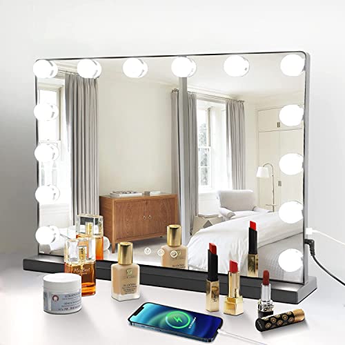 Depuley Hollywood Spiegel mit Beleuchtung für Schminktisch Makeup Schminkspiegel mit USB, 14 Dimmbare LED Leuchten,3 Farbtemperatur Licht, schwarz kosmetikspiegel 50x40cm von Depuley
