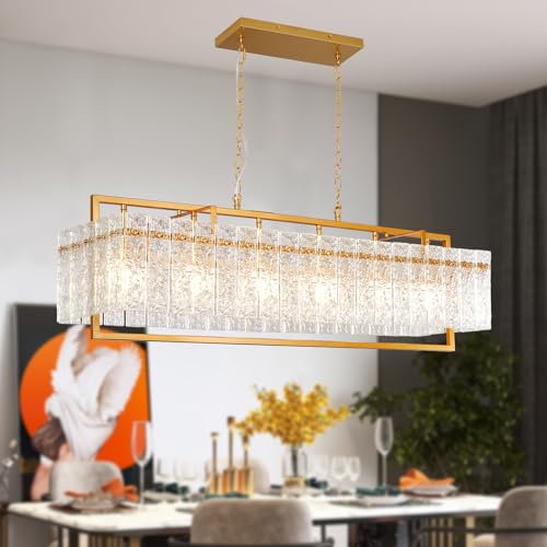 Depuley Kristall-Kronleuchter für Esszimmer: 6-Light Gold Rectangle Water Ripple Glas Kronleuchter für Kücheninsel - 43 Zoll rechteckige zeitgenössische Pendelleuchte für Bar über Tisch Chandeliers von Depuley