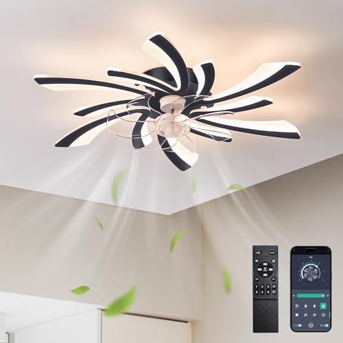 Depuley LED Deckenventilator mit Beleuchtung und Fernbedienung: Lampe mit Ventilator und APP für Schlafzimmer Schwarz - Leise Deckenventilator mit 6 Licht für Decke - Dimmbar Deckenlampe 78cm von Depuley