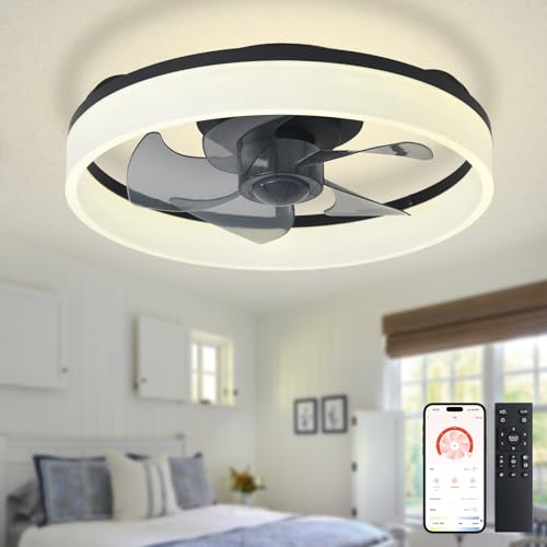 Depuley LED Deckenventilator mit Licht: 16" Moderne Low Profile Flush Mount Kronleuchter mit App & Fernbedienung - Dimmbar Schwarz Bladeless Fan Licht für Schlafzimmer Kinderzimmer Wohnzimmer von Depuley