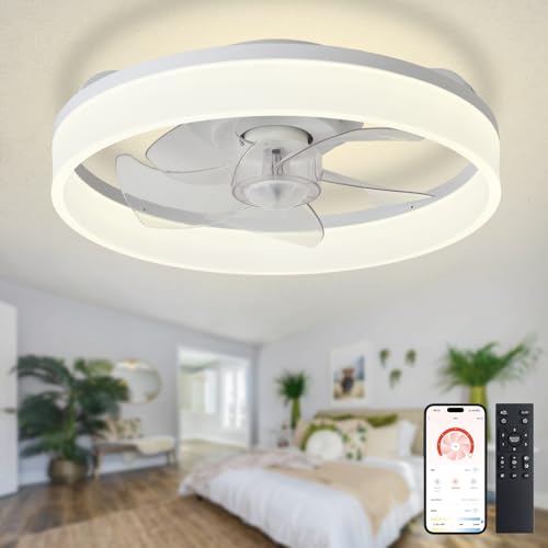 Depuley LED Deckenventilator mit Licht: 16" Moderner Low Profile Flush Mount Kronleuchter mit App & Fernbedienung - Dimmbare weiße blattlose Ventilatorleuchte für Schlafzimmer Kinderzimmer Wohnzimmer von Depuley
