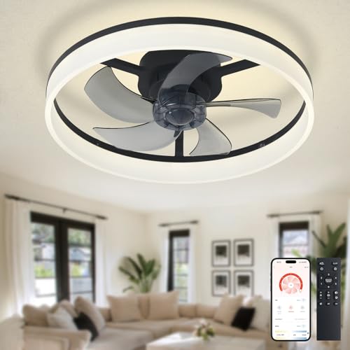 Depuley LED Deckenventilator mit Licht: 20" Moderne Low Profile Flush Mount Kronleuchter mit App & Fernbedienung - Dimmbar Schwarz Bladeless Fan Licht für Schlafzimmer Kinderzimmer Wohnzimmer von Depuley
