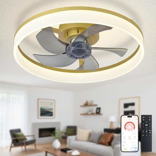 Depuley LED Deckenventilator mit Licht: 20" Moderner Low Profile Flush Mount Kronleuchter mit App & Fernbedienung - Dimmbare Gold Bladeless Fan Light Fixture für Schlafzimmer Kinderzimmer Wohnzimmer von Depuley