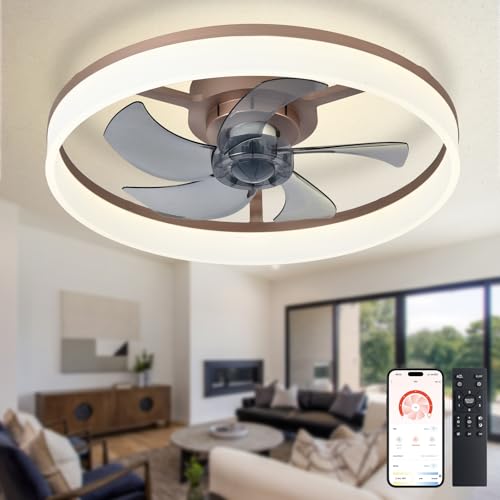 Depuley LED Deckenventilator mit Licht: 20" Moderner Low Profile Flush Mount Kronleuchter mit App & Fernbedienung - Dimmbare braune blattlose Ventilatorleuchte für Schlafzimmer Kinderzimmer Wohnzimmer von Depuley
