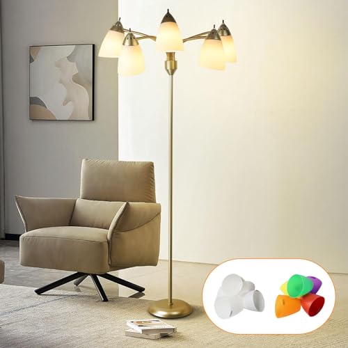 Depuley LED Stehlampe mit 5 Flammig, E27 Moderne Stehleuchte Wohnzimmer, Vintage Leselampe Schwarz mit Drehschalter, 360°Drehbarer Lampenhalter, Retro Standlampe für Büro Schlafzimmer Sofa Studio von Depuley