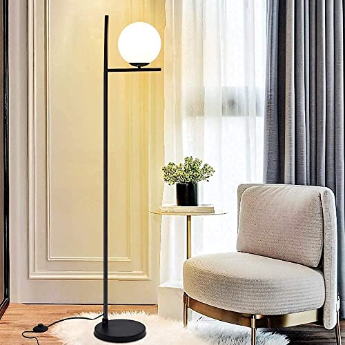 Depuley LED Stehlampe Wohnzimmer, Stehlampe schwarz mit Glaskugel & Fußschalter, E27 Fassung, Augenschutz, Moderne Standleuchte Stehleuchte für Schlafzimmer Büro Esszimmer Hotel(Glühbirne inkl.) von Depuley