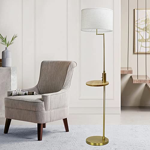 Depuley Led Stehlampe Wohnzimmer mit USB Anschluss & Kippschalter, Moderne Stehleuchte Gold mit Holz Regal aus Metall, 720lm, 9W Birne, 3000k, E27 Standlampe für Schlafzimmer Büro studio von Depuley