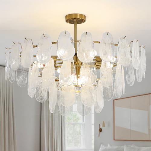 Depuley Modern Kronleuchter Kristall, 70cm Kristall Deckenleuchte Gold, Deckenlampe Wohnzimmer mit 3 Schichten Glaslampenschirme,12xE14 Lichter für Esszimmer, Schlafzimmer, Restaurant von Depuley