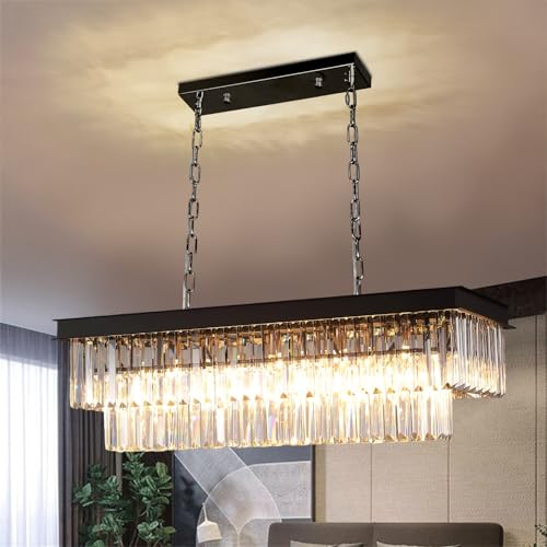 Depuley Modern Kronleuchter Kristall, 80cm Pendelleuchte esstisch schwarz, Rechteckiger Kristall Hängeleuchte mit klarem Kristallanhänger, hängelampe für Wohnzimmer, Esszimmer, Restaurant, E14 x 8 von Depuley