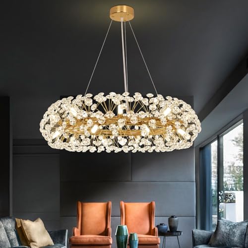 Depuley Modern Kronleuchter Kristall, LED Kristall Deckenleuchte Gold, 70cm Ring Kristall Hängeleuchte Löwenzahn, für Wohnzimmer, Esszimmer, Schlafzimmer, Restaurant, G9 x 20 (Inklusive G9 Glühbirnen) von Depuley