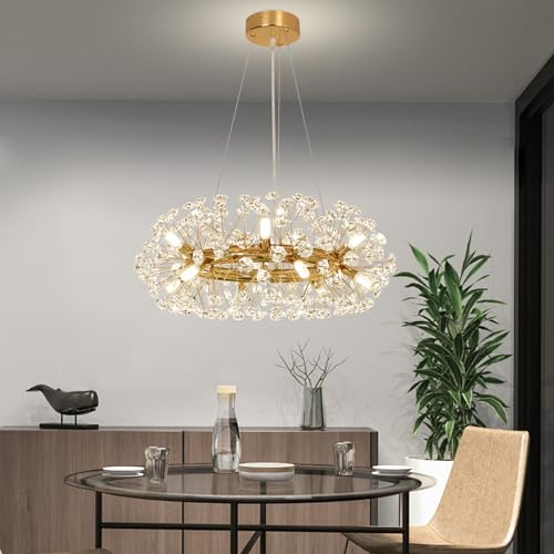 Depuley Modern Kronleuchter Kristall, LED Deckenleuchte Gold, 50cm Ring Kristall Hängeleuchte Löwenzahn, für Wohnzimmer, Esszimmer, Schlafzimmer, Restaurant, G9x 12 von Depuley