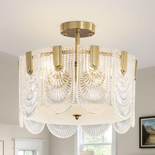 Depuley Moderne Kristall Deckenleuchte, 40cm Kristall Kronleuchter Gold, Semi Unterputz Deckenlampe LED, Leuchte mit Muscheltextur, für Wohnzimmer, Esszimmer, Schlafzimmer, Restaurant, E14 x 5 von Depuley