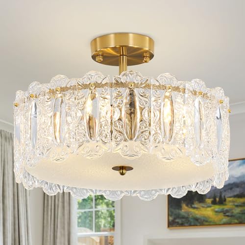 Depuley Moderne Kristall Kronleuchter, 50cm Kristall Deckenleuchte Gold, Semi Unterputz Deckenlampe LED, Leuchte mit Elegantem Design, für Wohnzimmer, Esszimmer, Schlafzimmer, Restaurant, E14 x 6 von Depuley