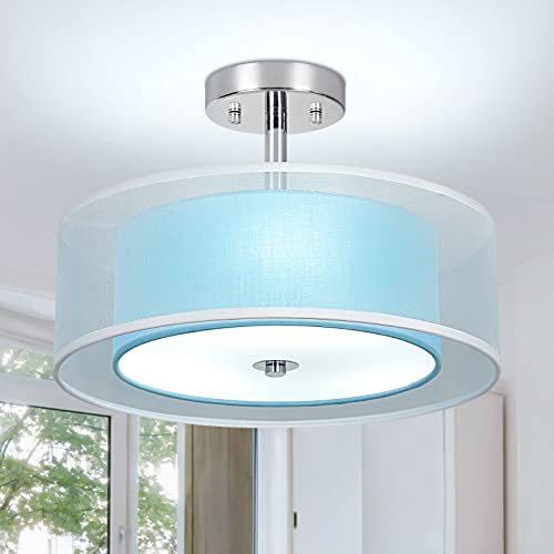 Depuley Moderne LED Deckenlampe, Semi Flush Mount Deckenleuchte 3 Lampe, Blau Trommelleuchte mit Zwei Schichten Stoffschirm für Wohnzimmer, Schlafzimmer, Küche, Kinderzimmer, Flur, Garage von Depuley