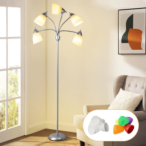 Depuley Stehlampe mit 5 Flammig Moderne Stehleuchte Wohnzimmer Vintage Leselampe E27 Silber mit Drehschalter 360°Drehbarer Lampenhalter Retro Standlampe für Büro Schlafzimmer Sofa Studio von Depuley