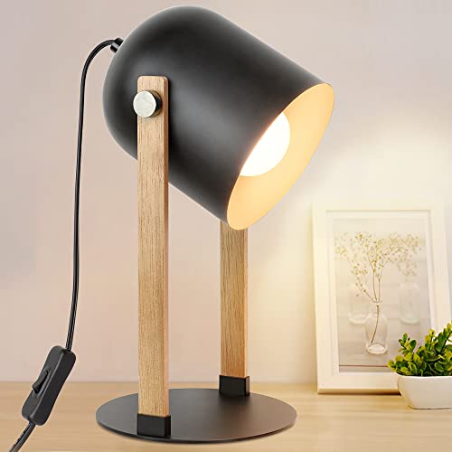 Depuley Tischlampe Wohnzimmer aus Holz & Metall mit E27 Fassung, Retro Tischleuchte Industrial mit Kabelschalter, 360°Drehbar, Augenschutz leselampe Nachttischlampe für Schlafzimmer Büro Studio von Depuley