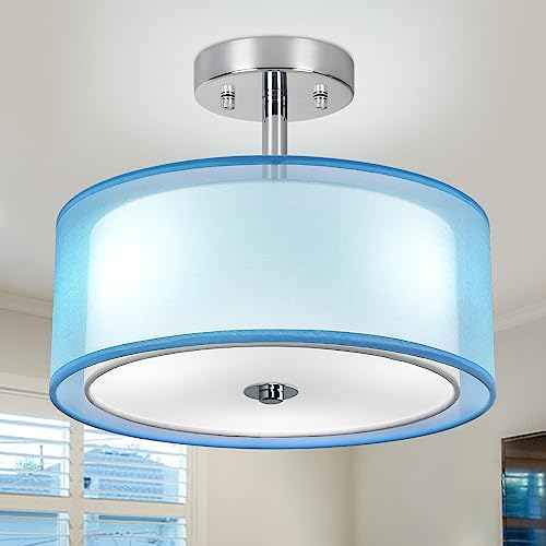 Depuly 3-Light Semi Flush Deckenleuchte, 12'' Blue Drum Light Hängeleuchte mit doppeltem Stoffschirm, moderne Deckenlampe für Schlafzimmer Wohnzimmer von Depuley