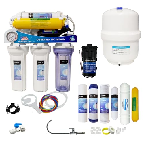 Depurtek | MOON75 6-Stufen Umkehrosmoseanlage | 75 GPD Membran | Überlastpumpe und Manometer | Remineralisierung | Wasserhahn und 12 Liter Behälter von Depuragua